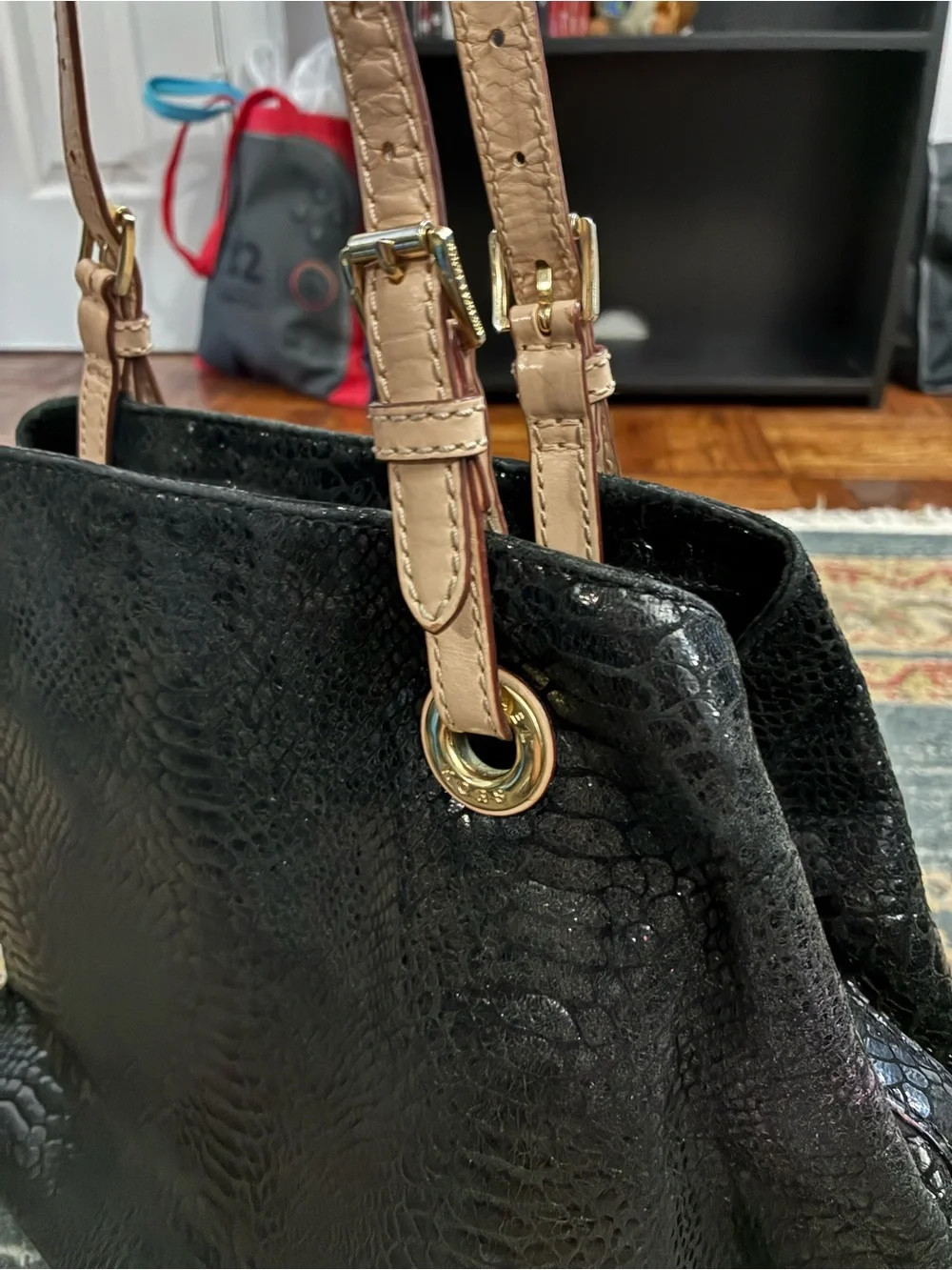 Michael Kors Black Faux-Snakeskin Shoulder Tote with Beige Straps